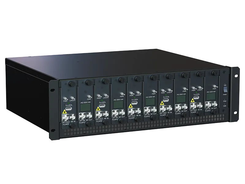 Up to 10 transmit or receive RF over Fiber modules in a custom rack mount card cage enclosure.