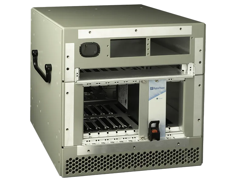 Custom dual card cage enclosure with 6 – 4HP card slots and 2 – 8HP power supply slots, and a single horizontal 6U card slot