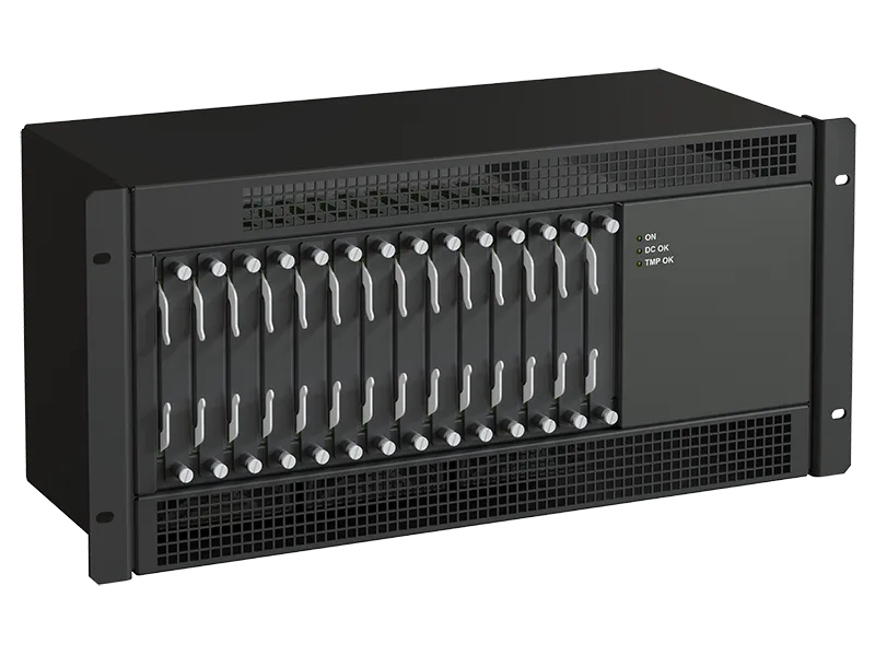 Custom-designed convection-cooled 5U rackmount card cage. 3U slots with RTM, with self-aligning backplane and power supplies.