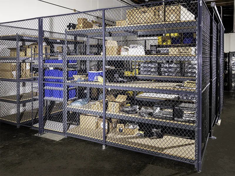 Materials consignment locked cage with security camera monitoring for high value components and customer consigned materials.