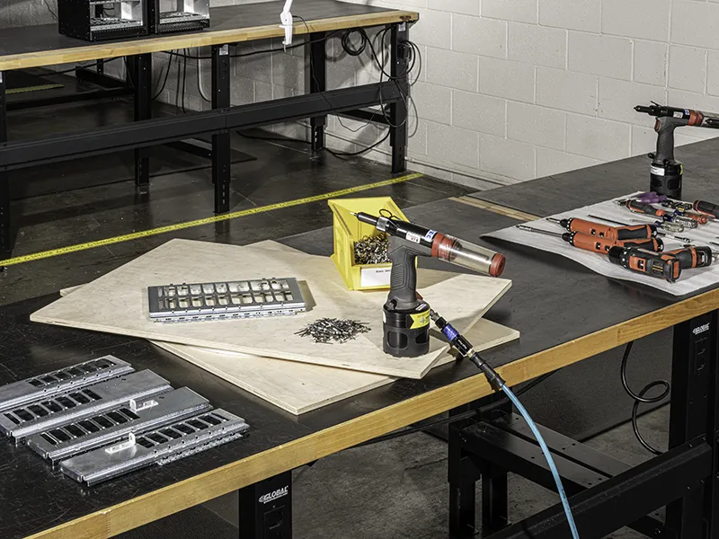 Mechanical assembly area using torque set power screwdrivers, rivet guns for non-electronic chassis assembly.