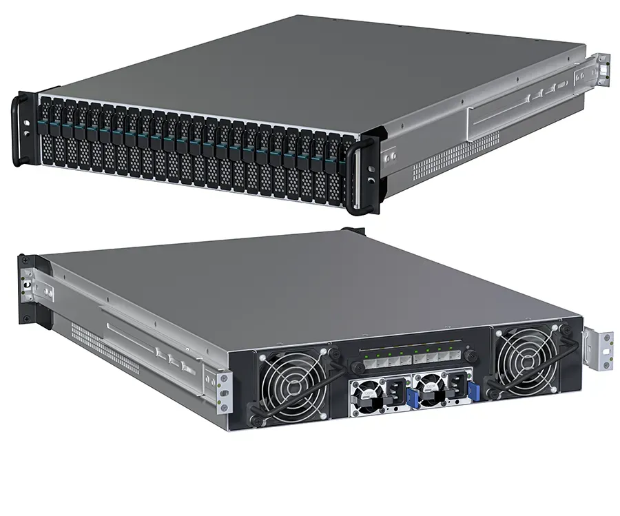 Custom 2U rack mount NAS with 24 NVMe drives & data of 2+ petabytes, and SFP+ controller, and redundant hot-swap power & fans