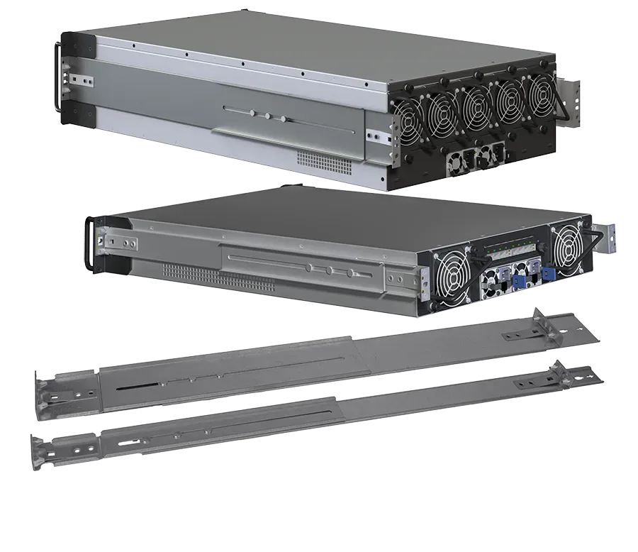 Tool-less rack mount slide rails mount to both chassis and rack without needing any tools or fasteners.