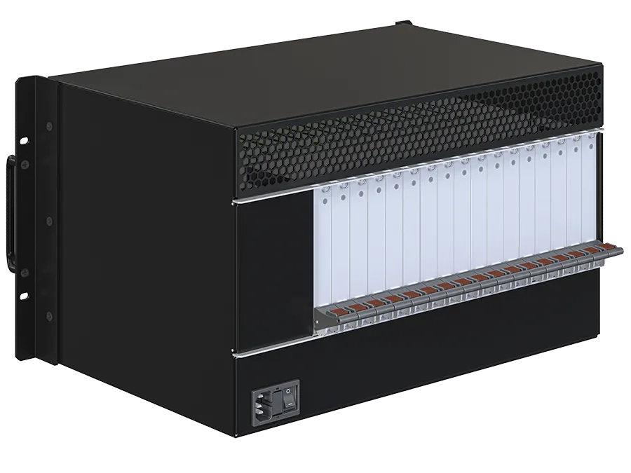 The 5U rack mount IEEE 1101-11 card cage showing the RTM side